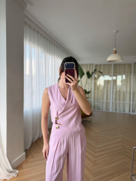 Pembe Asimetrik Yelek Pantolon Takım