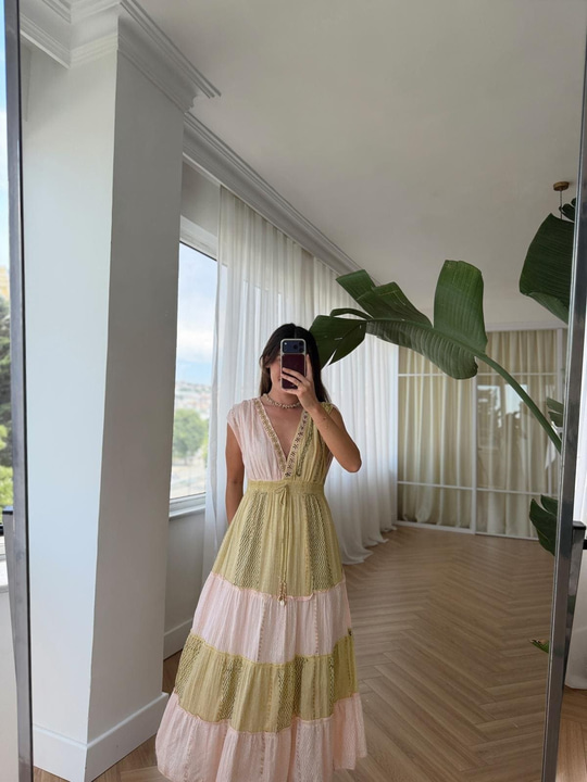 Pembe Boncuklu Bohem Elbise