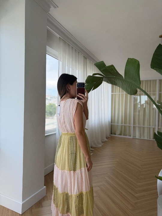 Pembe Boncuklu Bohem Elbise