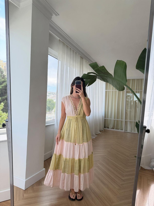 Pembe Boncuklu Bohem Elbise