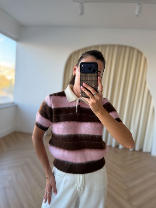Pembe Kahverengi Çizgili Polo Yaka Triko