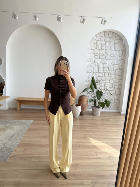 Pileli Sarı Palazzo Pantolon