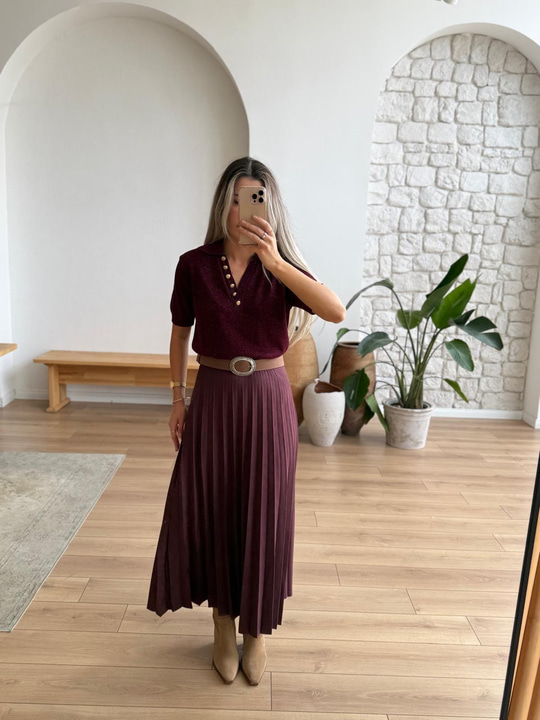 Piliseli Bordo Süet Etek