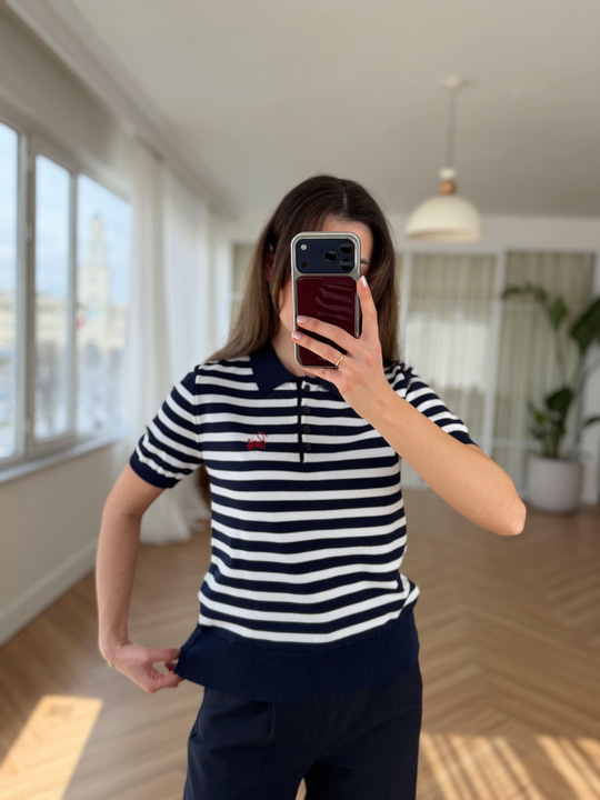 Polo Yaka Ekru Çizgili Triko