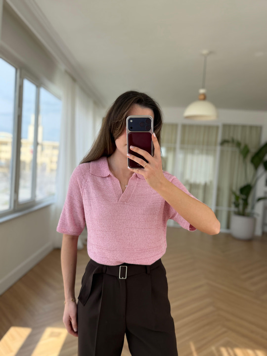 Polo Yaka Parıltılı Merserize Pembe  Triko