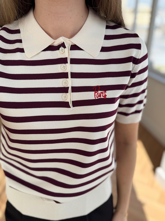 Polo Yaka Mürdüm Çizgili Triko