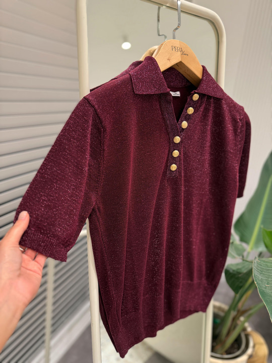 Polo Yaka Parıltılı Bordo Triko