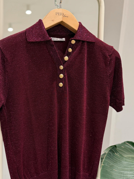 Polo Yaka Parıltılı Bordo Triko