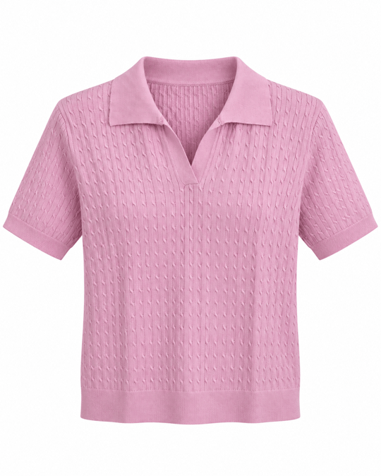 Polo Yaka Saç Örgülü Pembe Kısa Kollu Triko