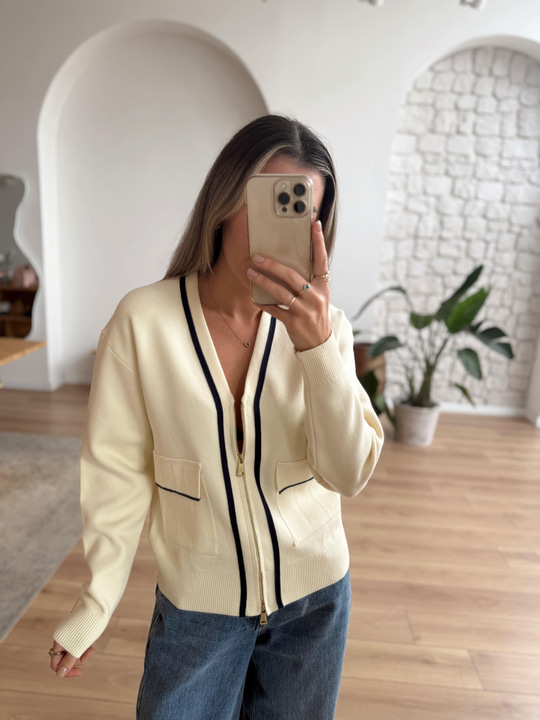 Premium Kalite Lacivert Biyeli Krem Rengi Triko Ceket