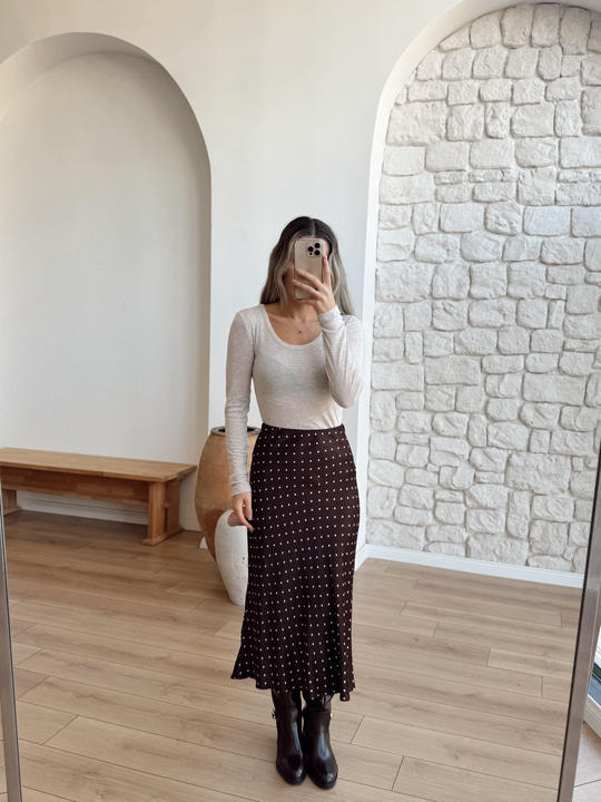 Puantiye Desenli Kahverengi Saten Etek