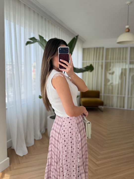 Puantiye Desenli Pembe Midi Etek