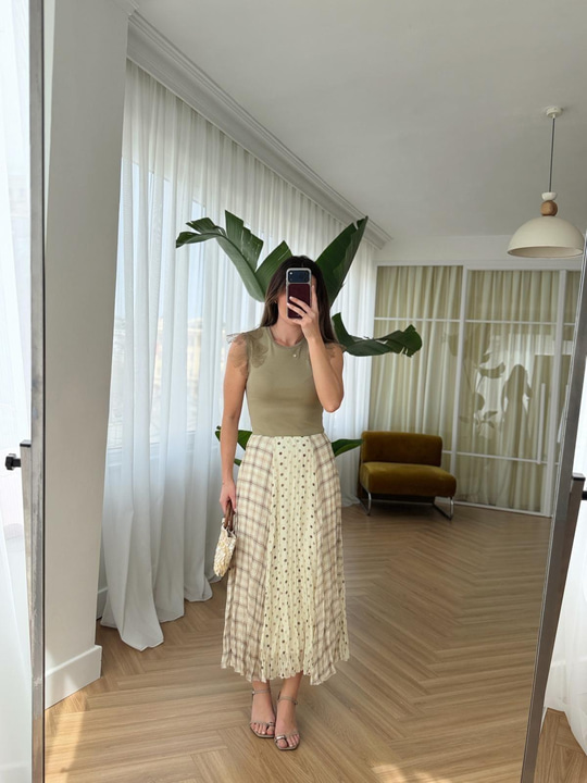 Puantiye Desenli Sarı Midi Etek
