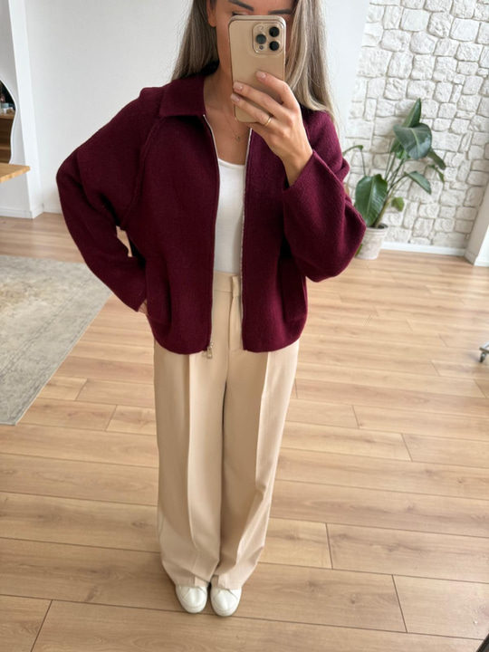 Reglan Kol Fermuarlı Bordo Triko Ceket