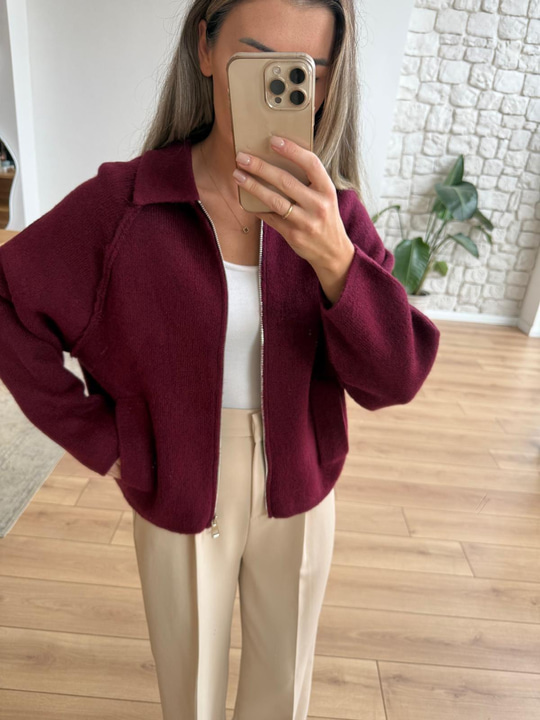 Reglan Kol Fermuarlı Bordo Triko Ceket