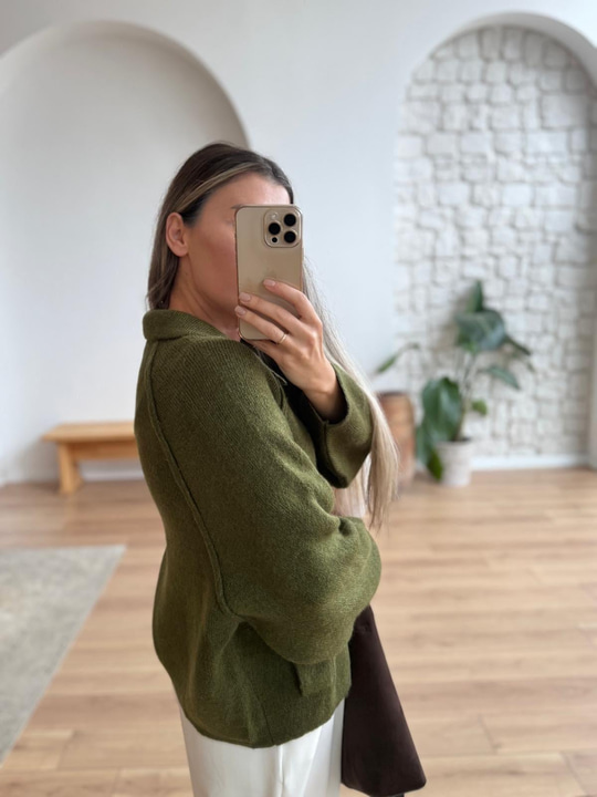 Reglan Kol Fermuarlı Haki Triko Ceket