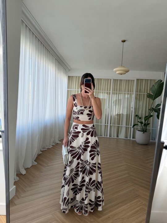 Rio Kahverengi Desenli Crop-Etek Takım