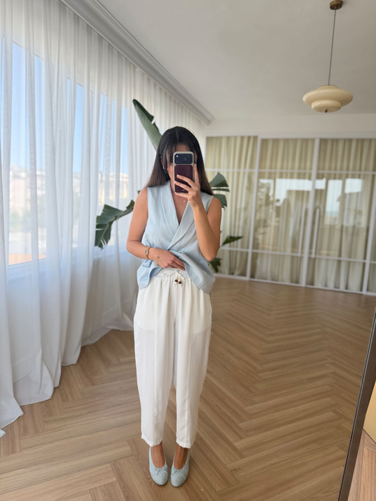 Rouge Beli Lastikli Ekru Pantolon