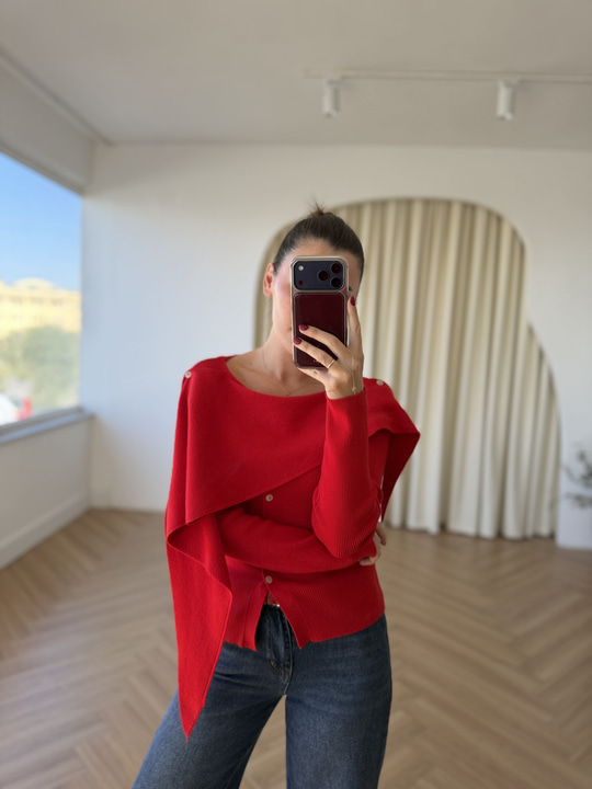 Şal Yaka Kırmızı Triko Hırka