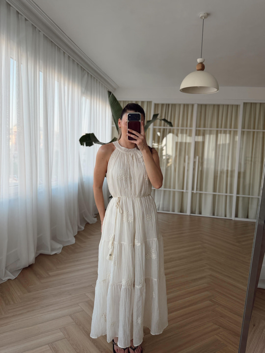 Sara Vual Nakışlı Natural Elbise