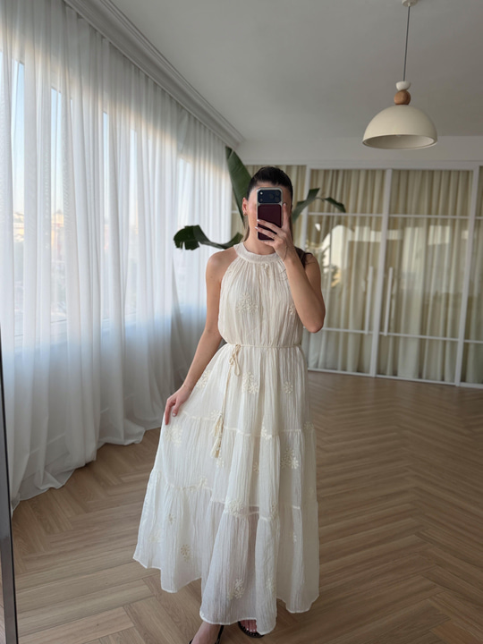 Sara Vual Nakışlı Natural Elbise