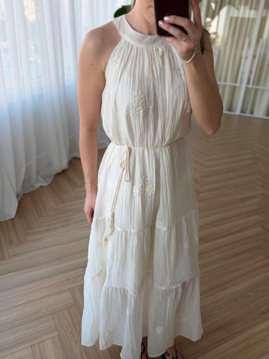 Sara Vual Nakışlı Natural Elbise