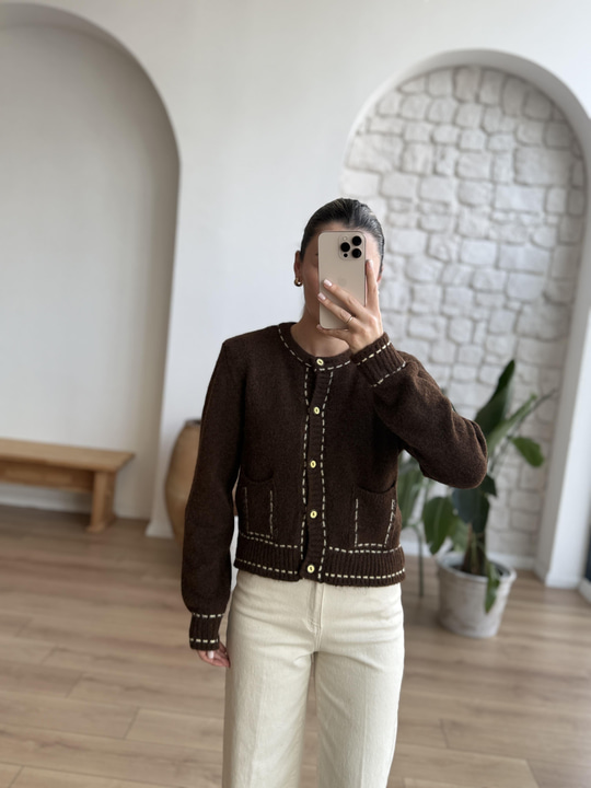 Sarı Biyeli Cepli Kahve Hırka