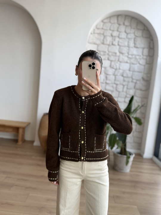 Sarı Biyeli Cepli Kahve Hırka
