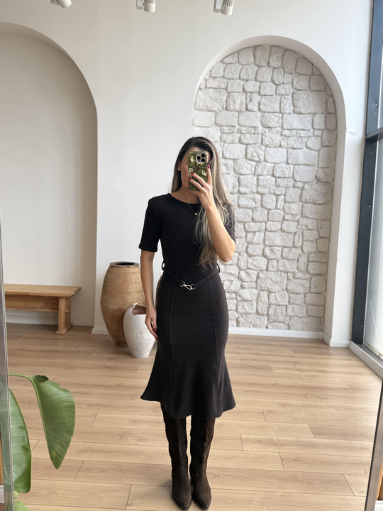Selanik Kumaş Kemerli Kahverengi Elbise