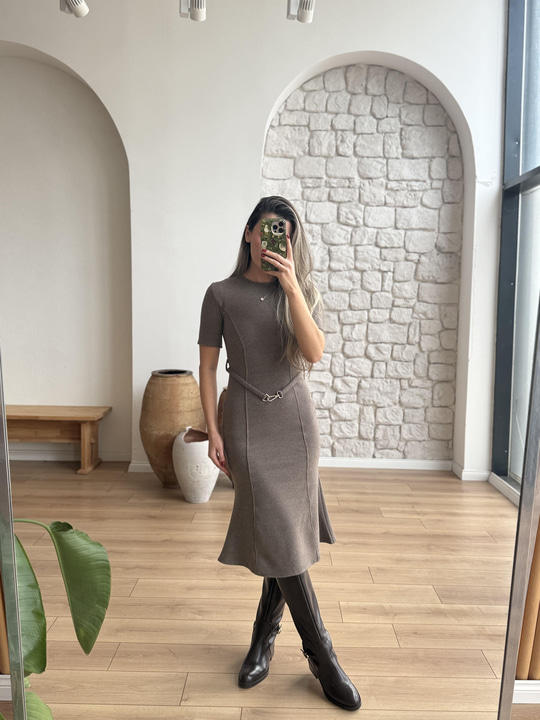 Selanik Kumaş Kemerli Vizon Elbise