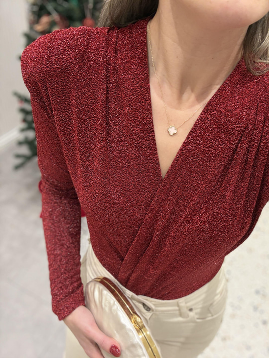 Simli Kırmızı Bodysuit