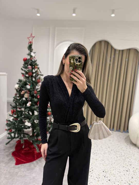Simli Siyah Bodysuit
