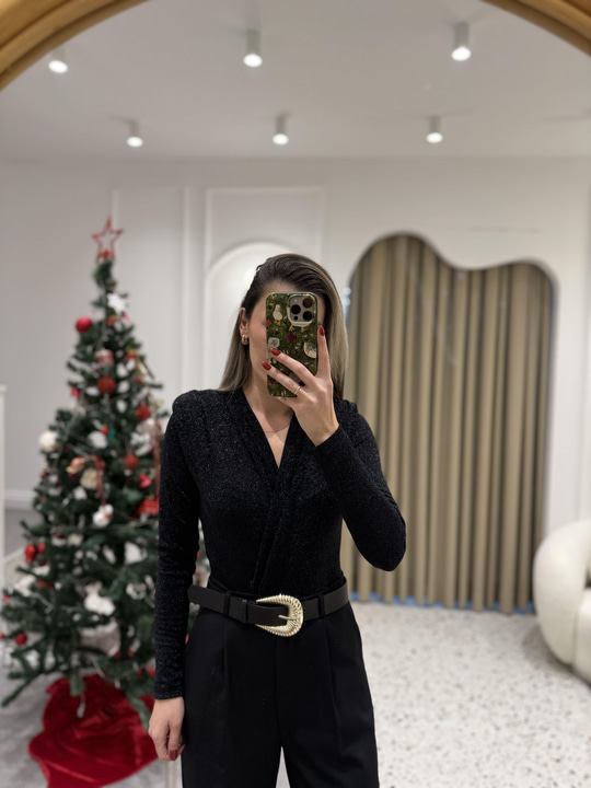 Simli Siyah Bodysuit
