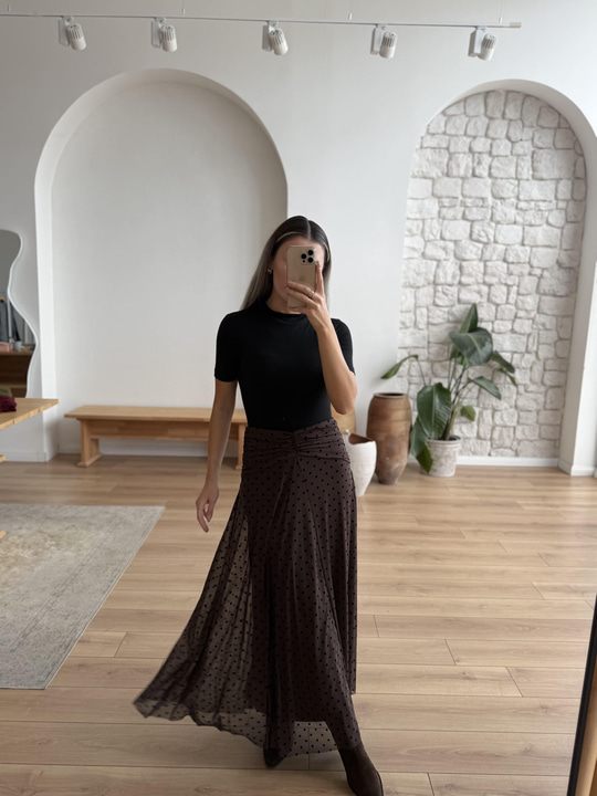 Puantiyeli Astarlı Kahverengi Tül Etek