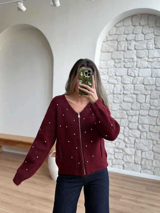 Taşlı Önü Fermuarlı Bordo  Hırka