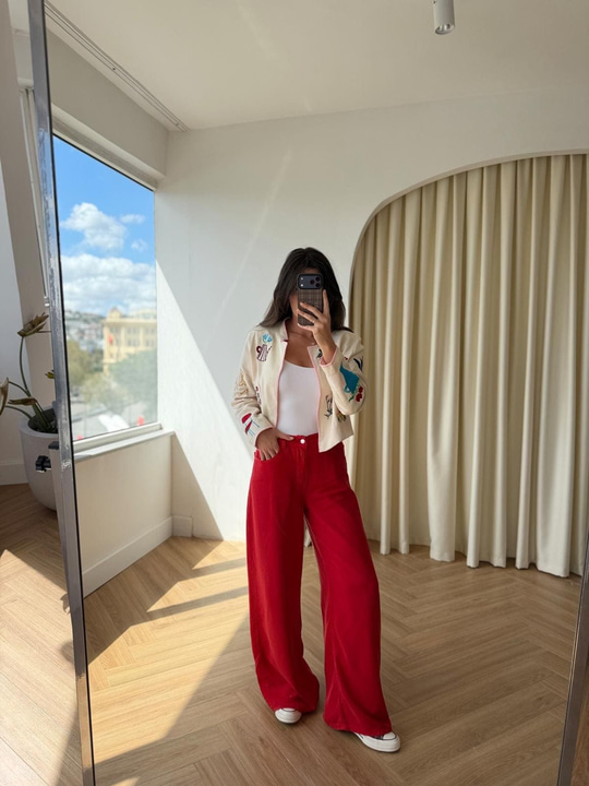 Tensel Denim Kırmızı Pantolon