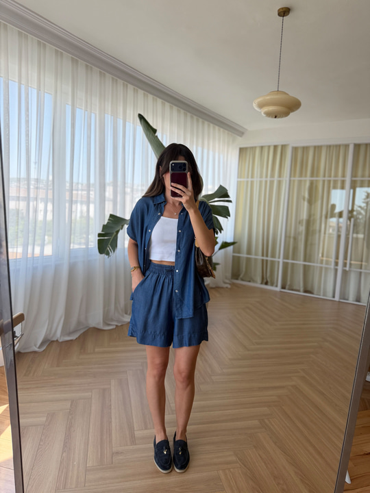Tensel Denim Koyu Mavi Şort Takım