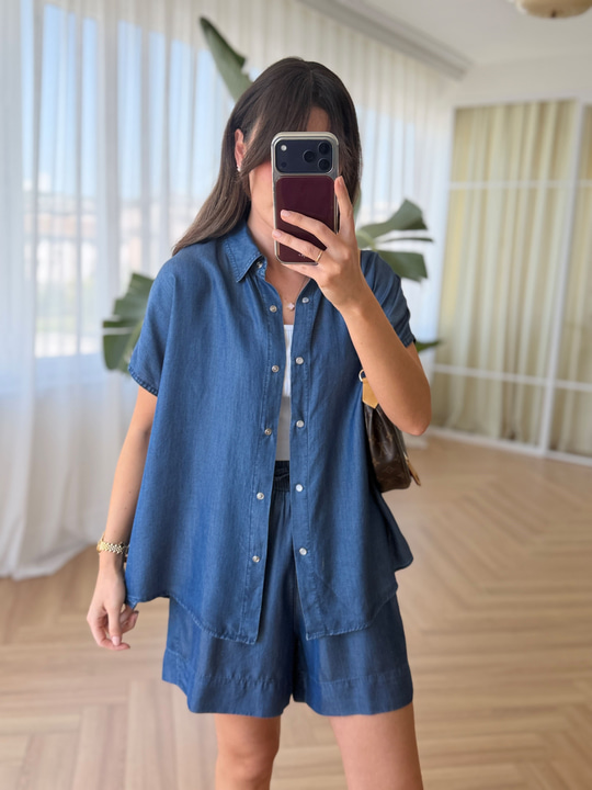 Tensel Denim Koyu Mavi Şort Takım