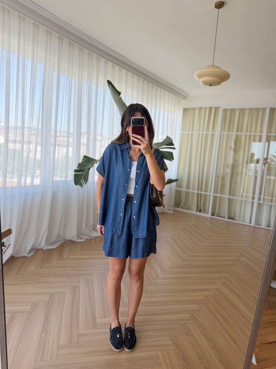 Tensel Denim Koyu Mavi Şort Takım