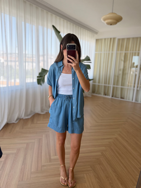 Tensel Denim Mavi Şort Takım