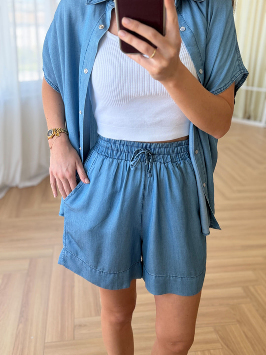 Tensel Denim Mavi Şort Takım