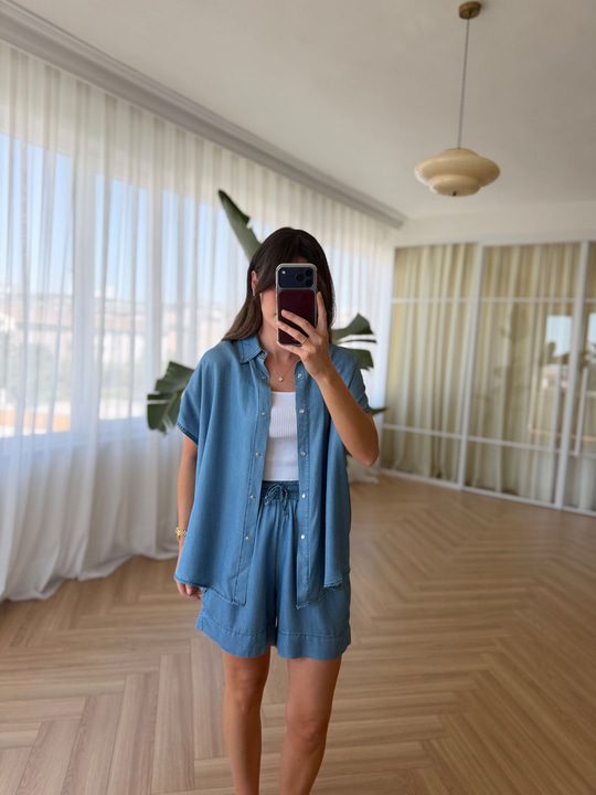 Tensel Denim Mavi Şort Takım