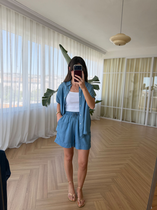 Tensel Denim Mavi Şort Takım