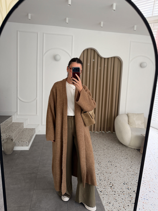 Camel Uzun Triko Hırka