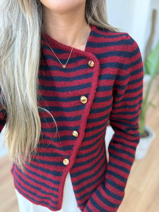 Yaka Detaylı Çizgili Bordo Hırka