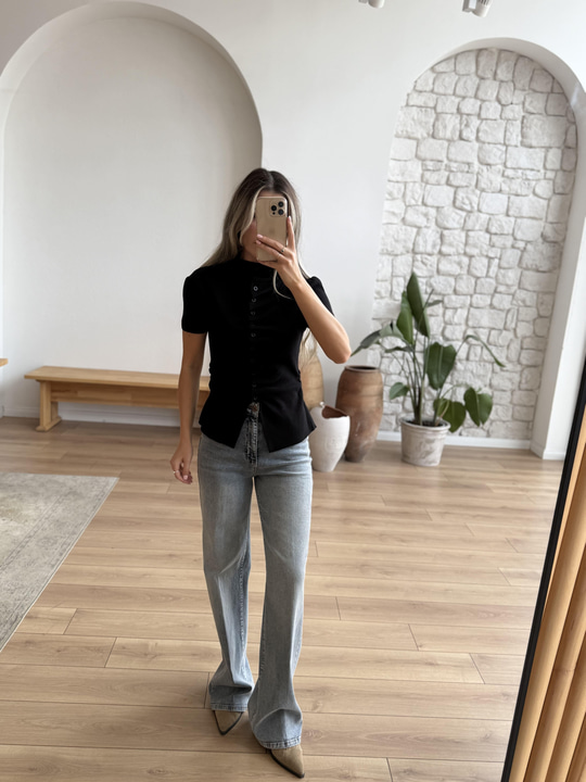 Yıkamalı Geniş Paça Mavi Jean Pantolon