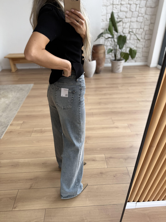 Yıkamalı Geniş Paça Mavi Jean Pantolon