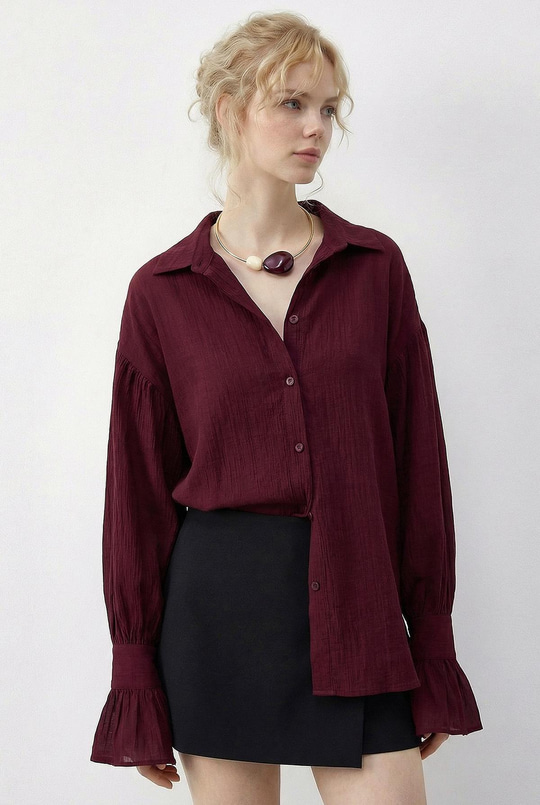 Kadın Fırfır Manşet Detaylı Oversize Gömlek 533 60286029 - Bordo