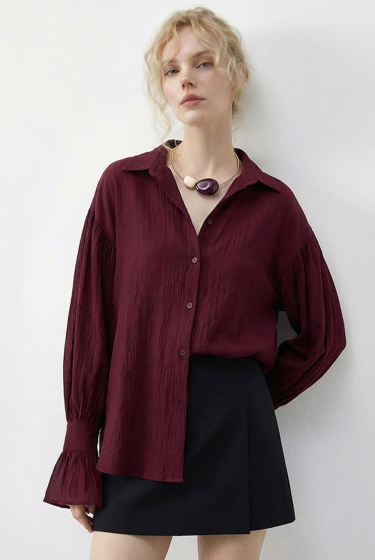 Kadın Fırfır Manşet Detaylı Oversize Gömlek 533 60286029 - Bordo