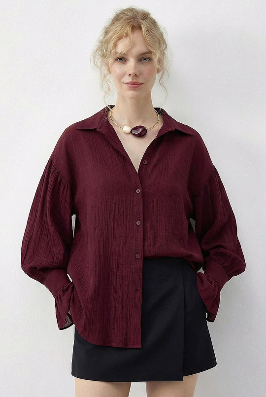 Kadın Fırfır Manşet Detaylı Oversize Gömlek 533 60286029 - Bordo